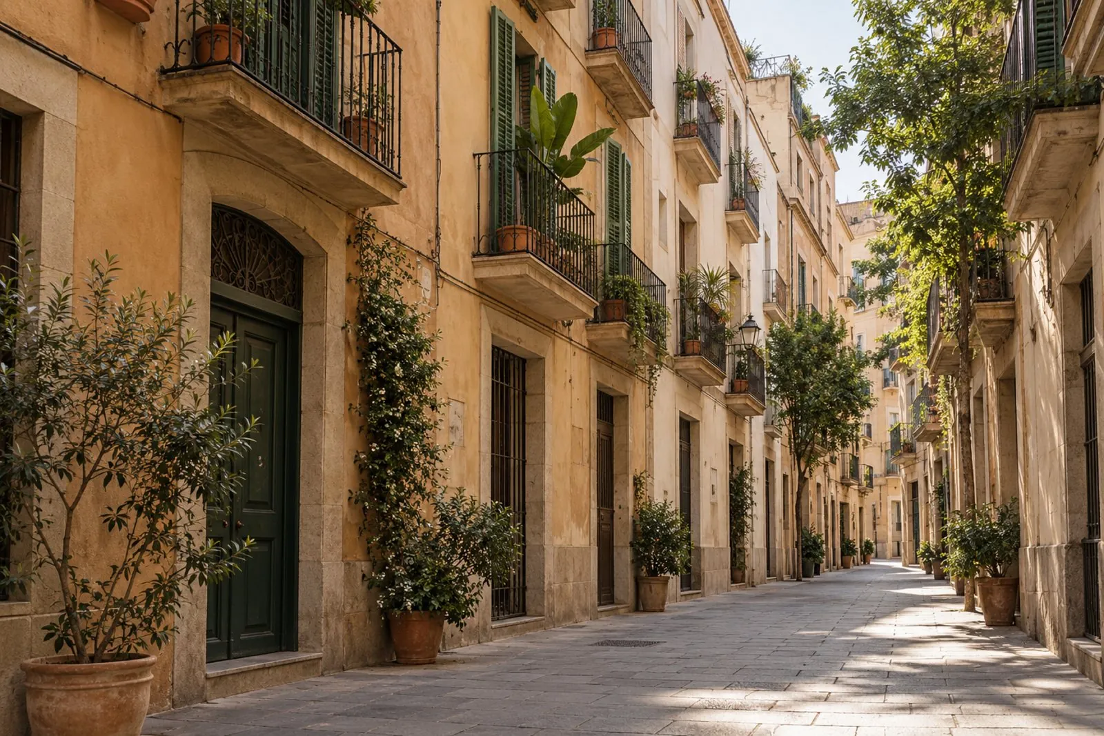 Calle estrecha con fachadas cálidas, macetas y balcones