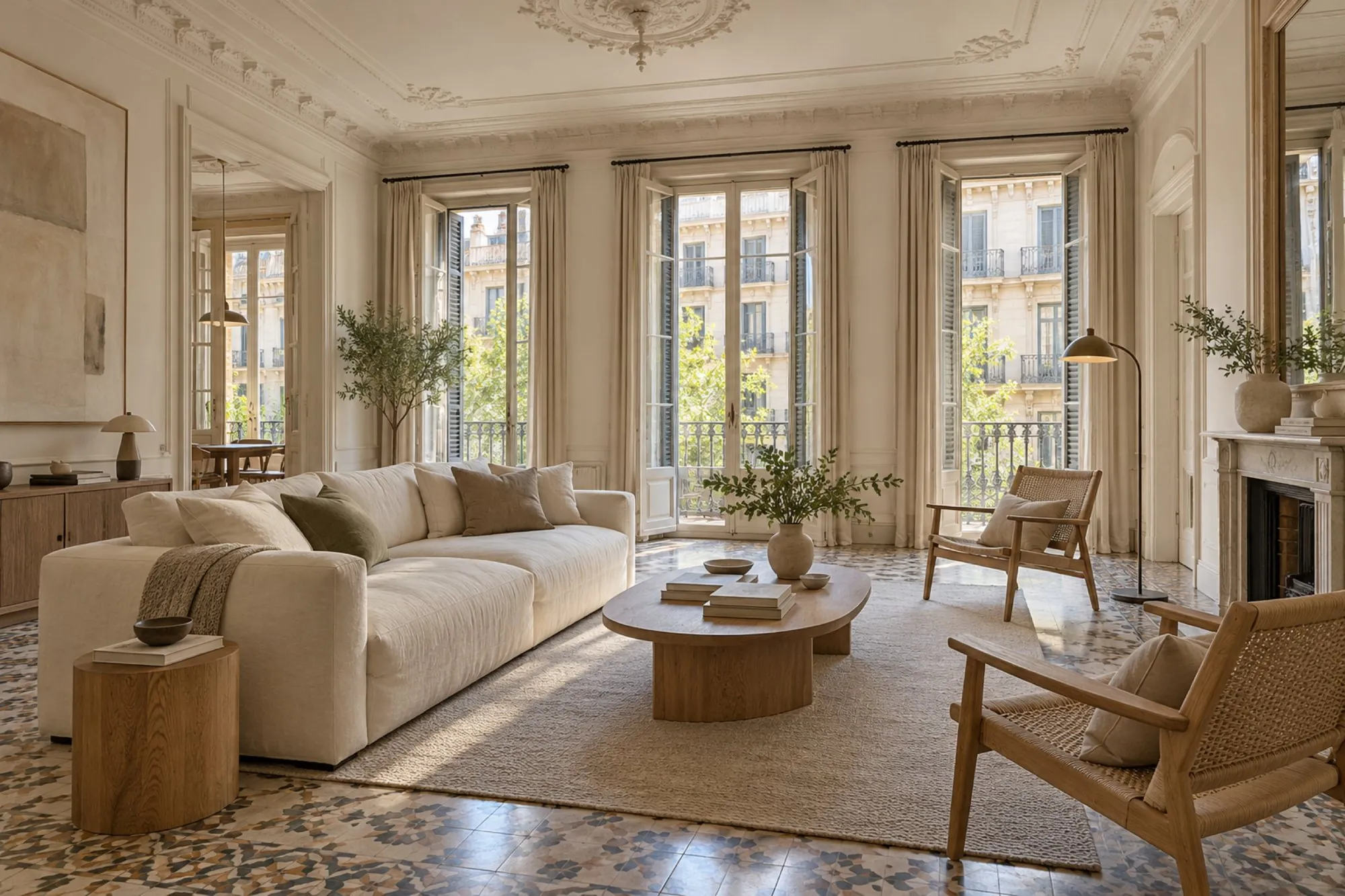 Salón de un piso de Barcelona con balcones, suelo hidráulico y luz de tarde, imagen conceptual